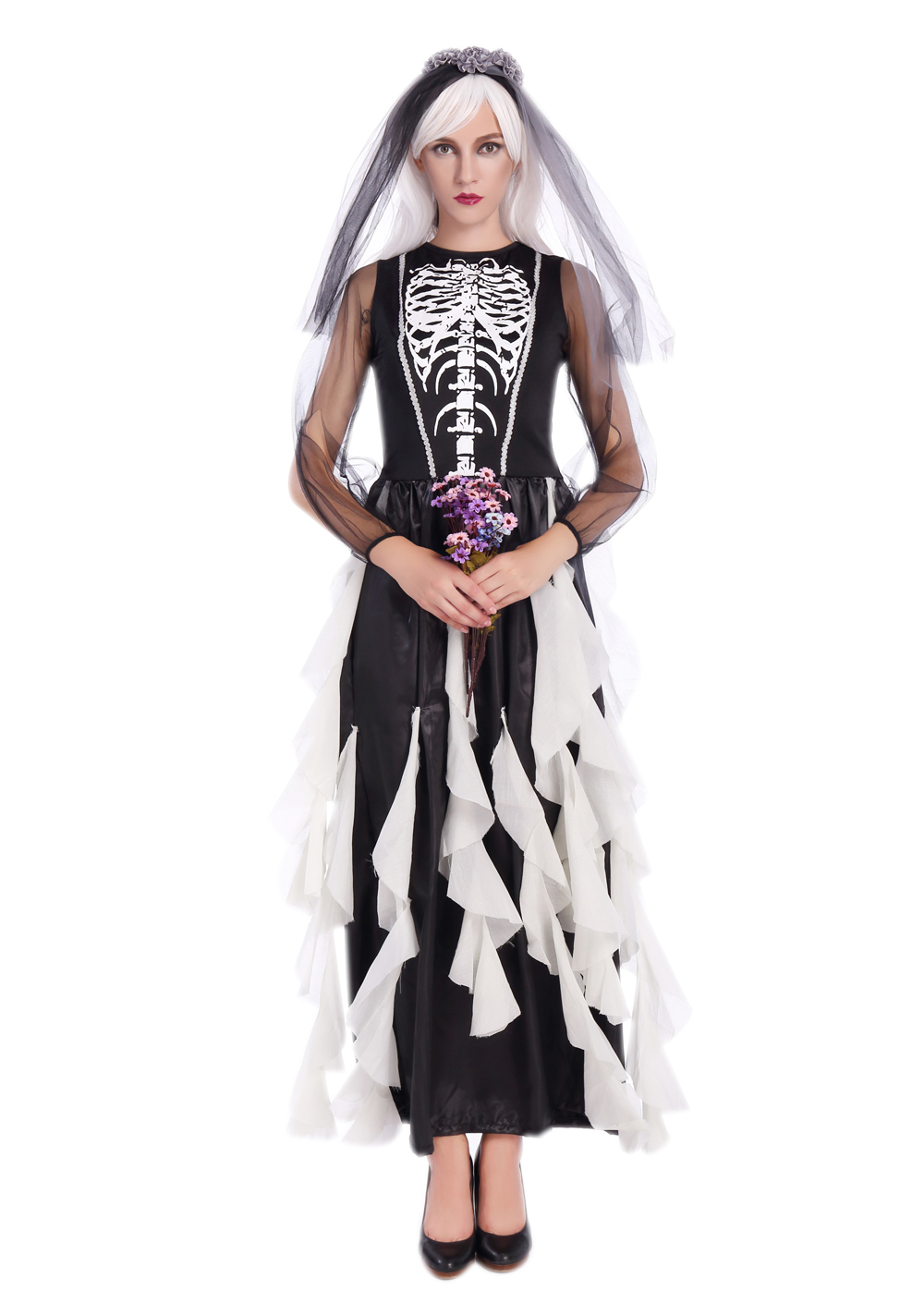 F1680 black and white zombie bride skeleton costume,it comes with headwear,dress